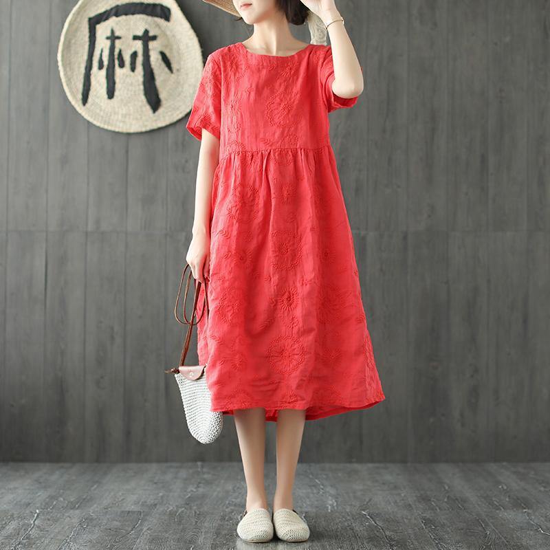 Bohemian red embroidery cotton linen dress o neck wrinkled Love summer Dresses - Omychic