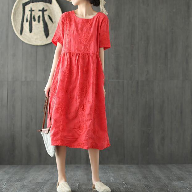 Bohemian red embroidery cotton linen dress o neck wrinkled Love summer Dresses - Omychic