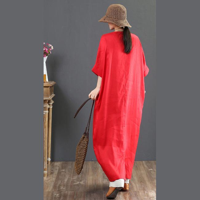 Bohemian red linen clothes Omychic Shirts v neck batwing sleeve long Summer Dress - Omychic