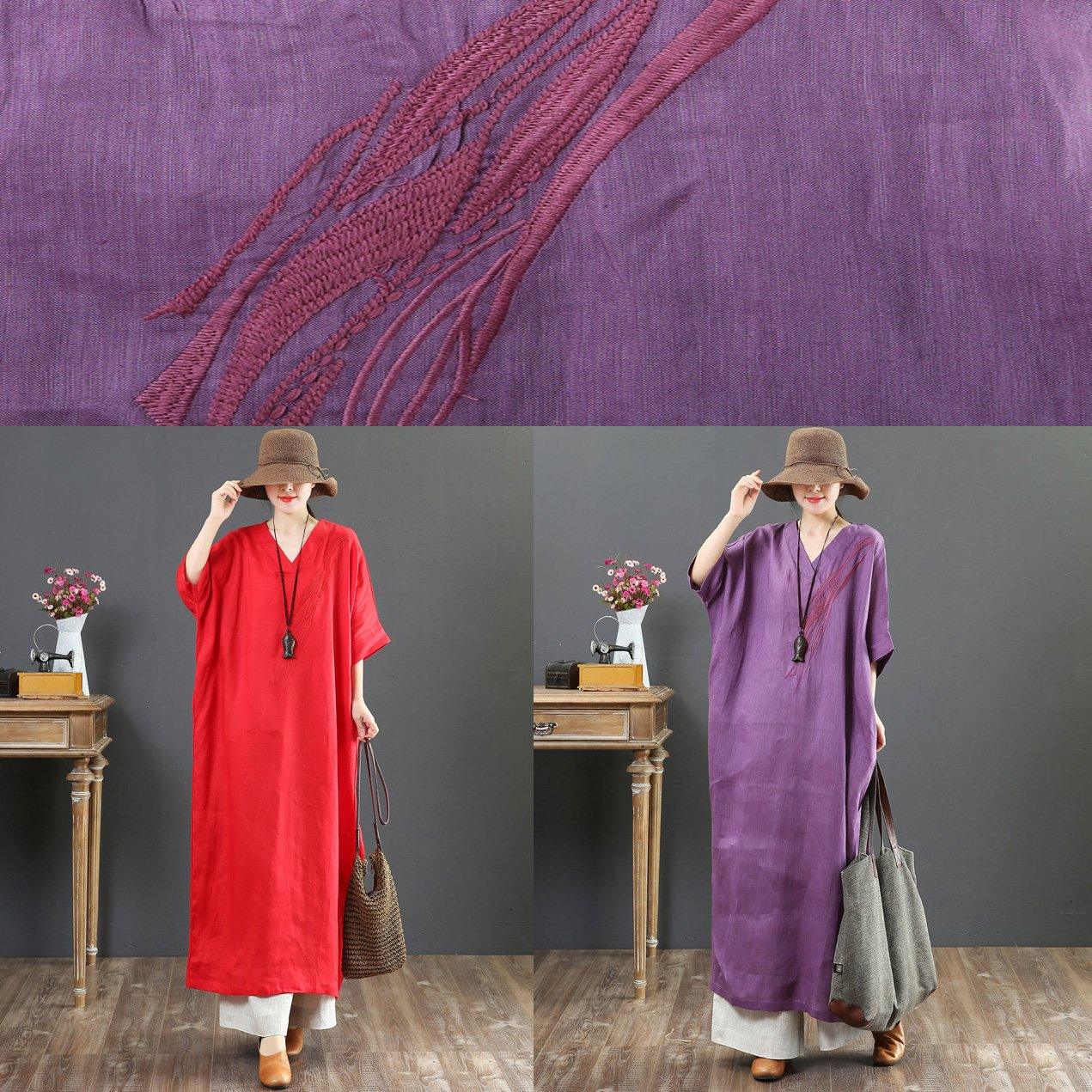 Bohemian red linen clothes Omychic Shirts v neck batwing sleeve long Summer Dress - Omychic