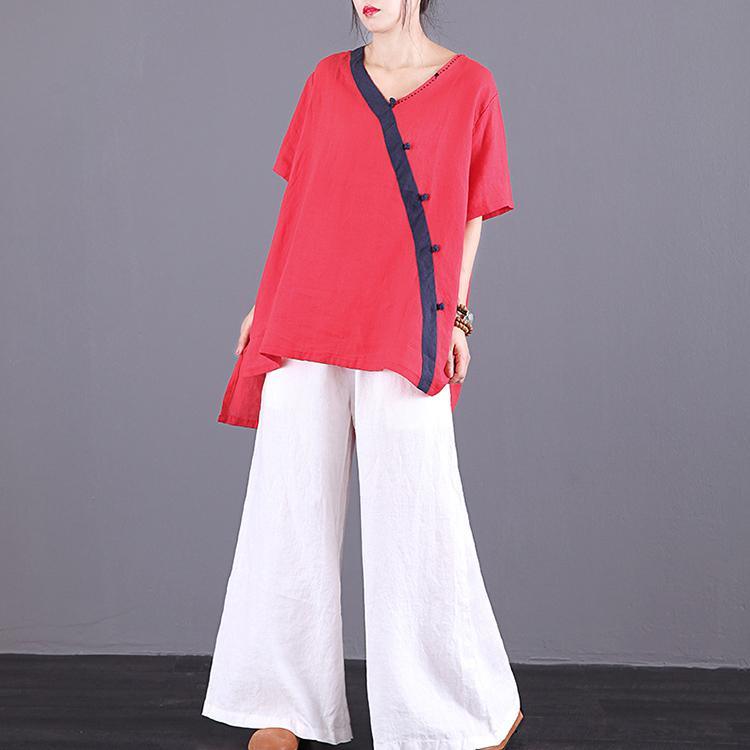 Bohemian red linen tops women blouses v neck patchwork baggy summer top - Omychic