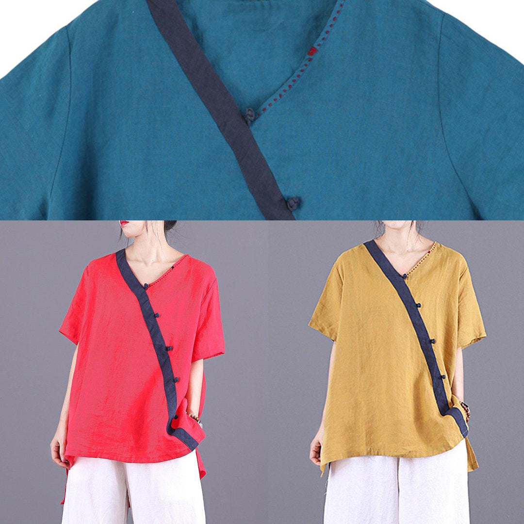 Bohemian red linen tops women blouses v neck patchwork baggy summer top - Omychic