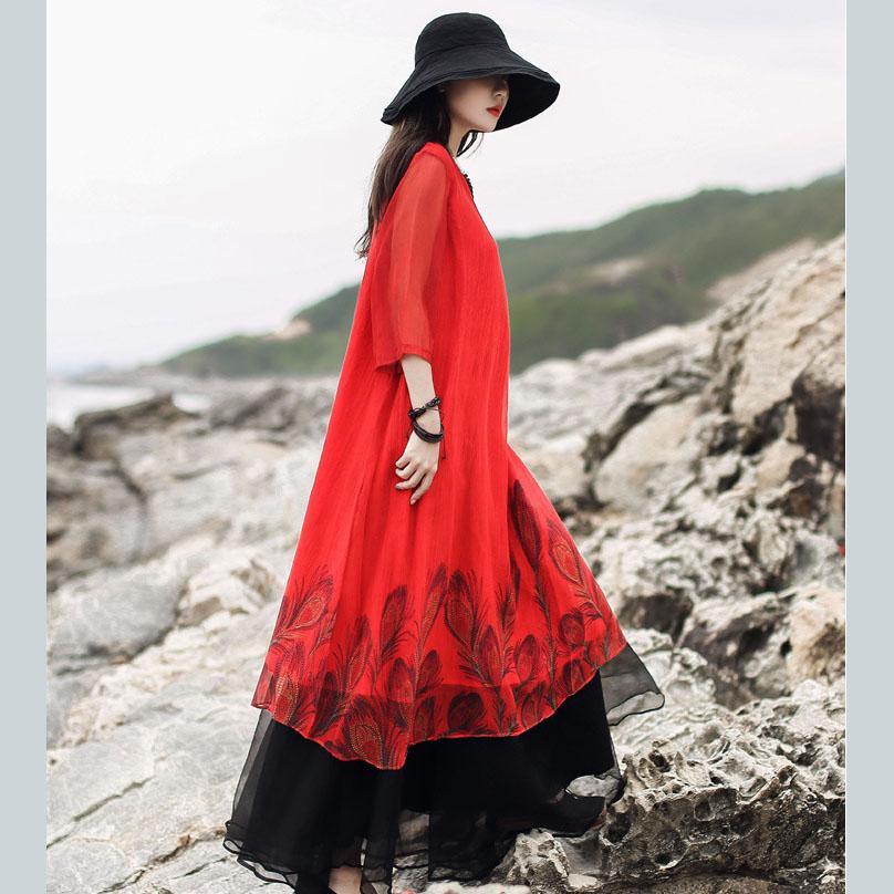 Bohemian red print chiffon dress Plus Size layered o neck half sleeve Summer Dresses - Omychic