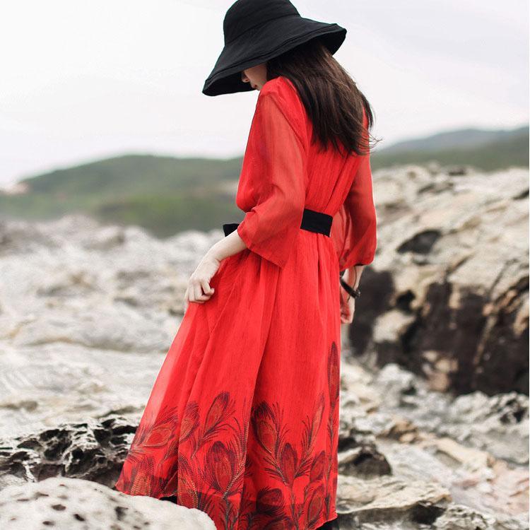 Bohemian red print chiffon dress Plus Size layered o neck half sleeve Summer Dresses - Omychic