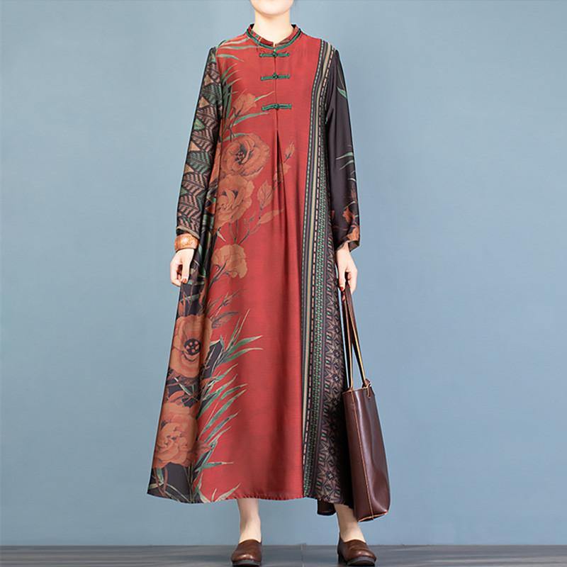 Bohemian red print clothes stand collar Chinese Button robes Dress - Omychic