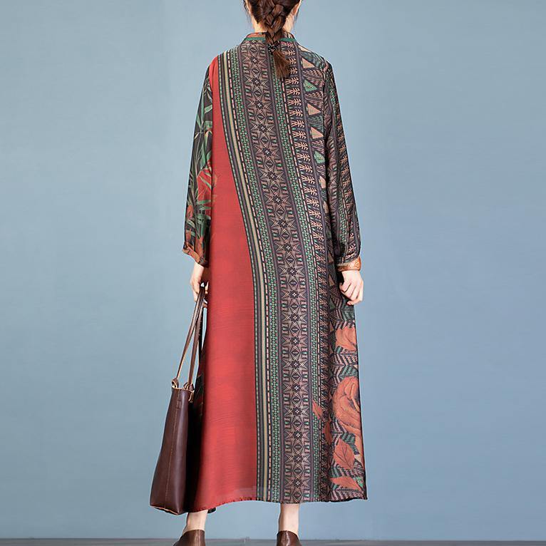Bohemian red print clothes stand collar Chinese Button robes Dress - Omychic