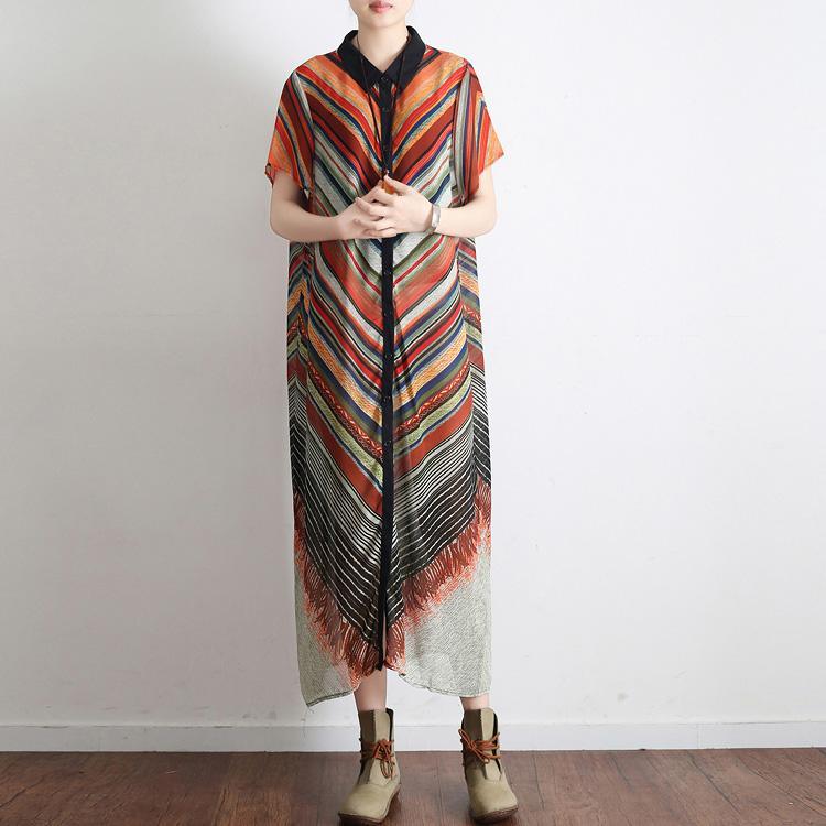 Bohemian red striped chiffon dress Plus Size Work Batwing Sleeve print long Summer Dress - Omychic