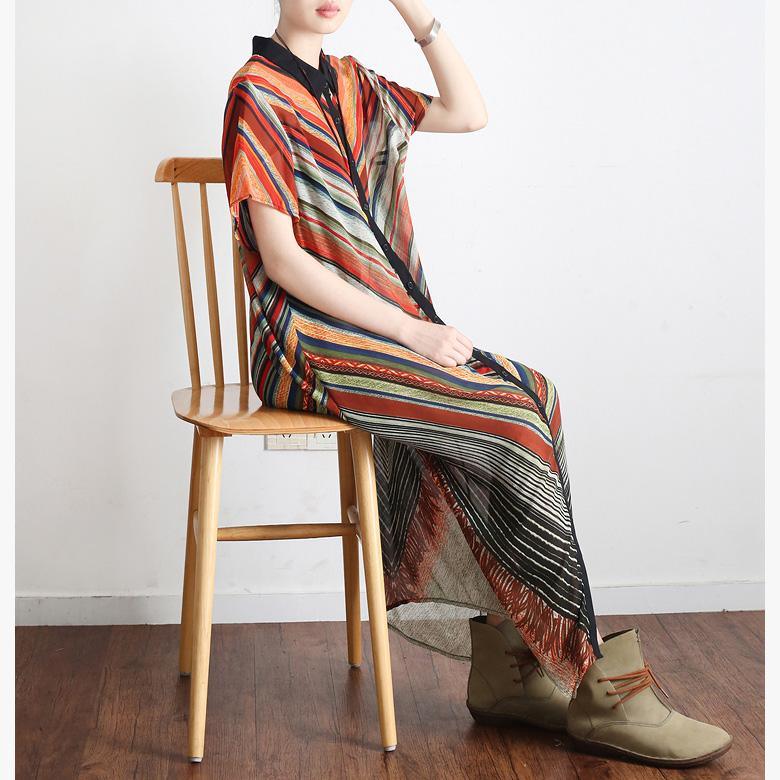 Bohemian red striped chiffon dress Plus Size Work Batwing Sleeve print long Summer Dress - Omychic