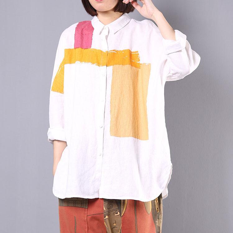 Bohemian side open linen tops women blouses Cotton white patchwork color shirts fall - Omychic