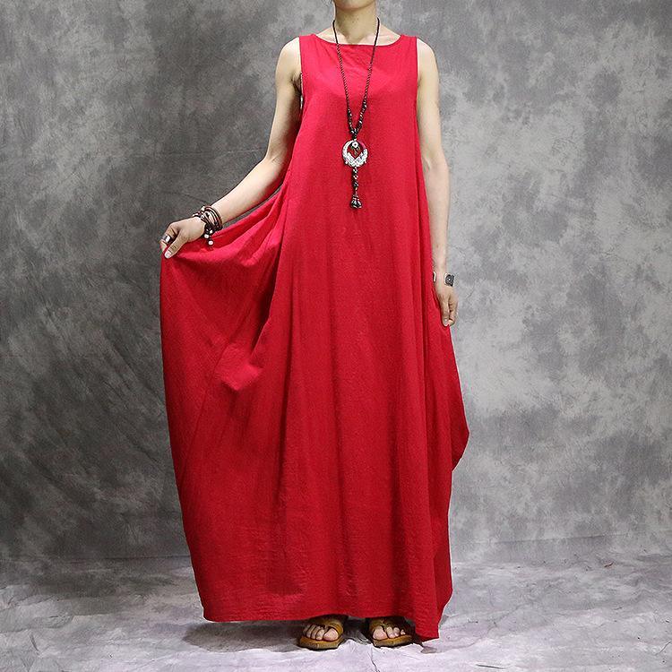 Bohemian sleeveless linen clothes stylish Shape red cotton robes Dresses summer - Omychic