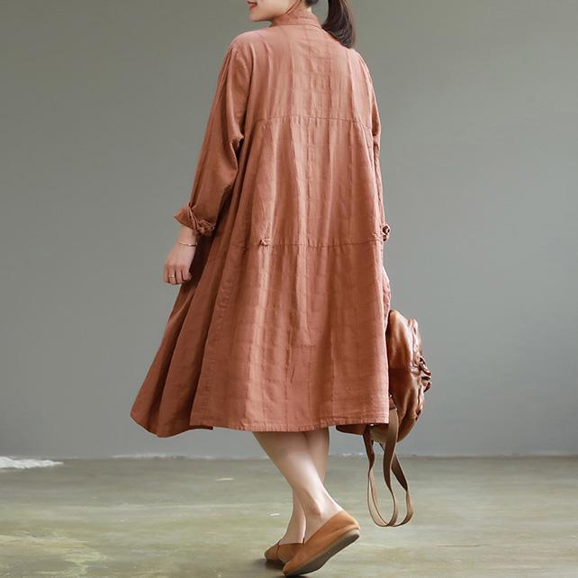 Bohemian stand collar Cotton clothes Drops Design Photography orange Knee Dresses spring - Omychic