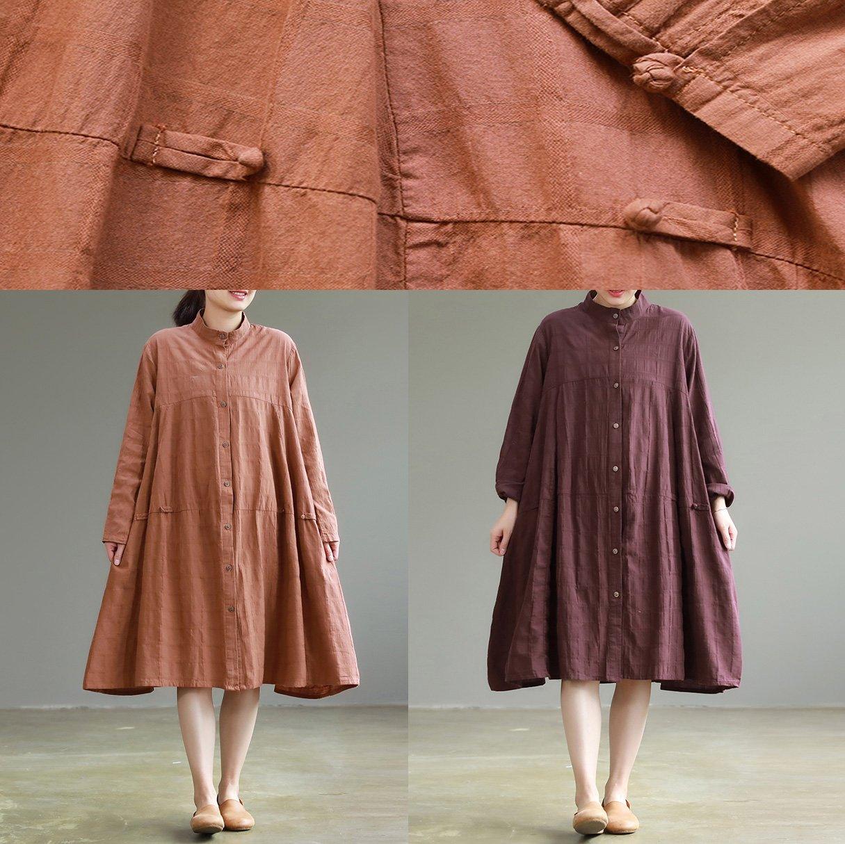 Bohemian stand collar Cotton clothes Drops Design Photography orange Knee Dresses spring - Omychic