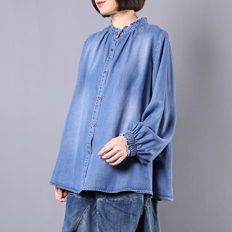 Bohemian stand collar cotton Blouse Fabrics blue top fall - Omychic