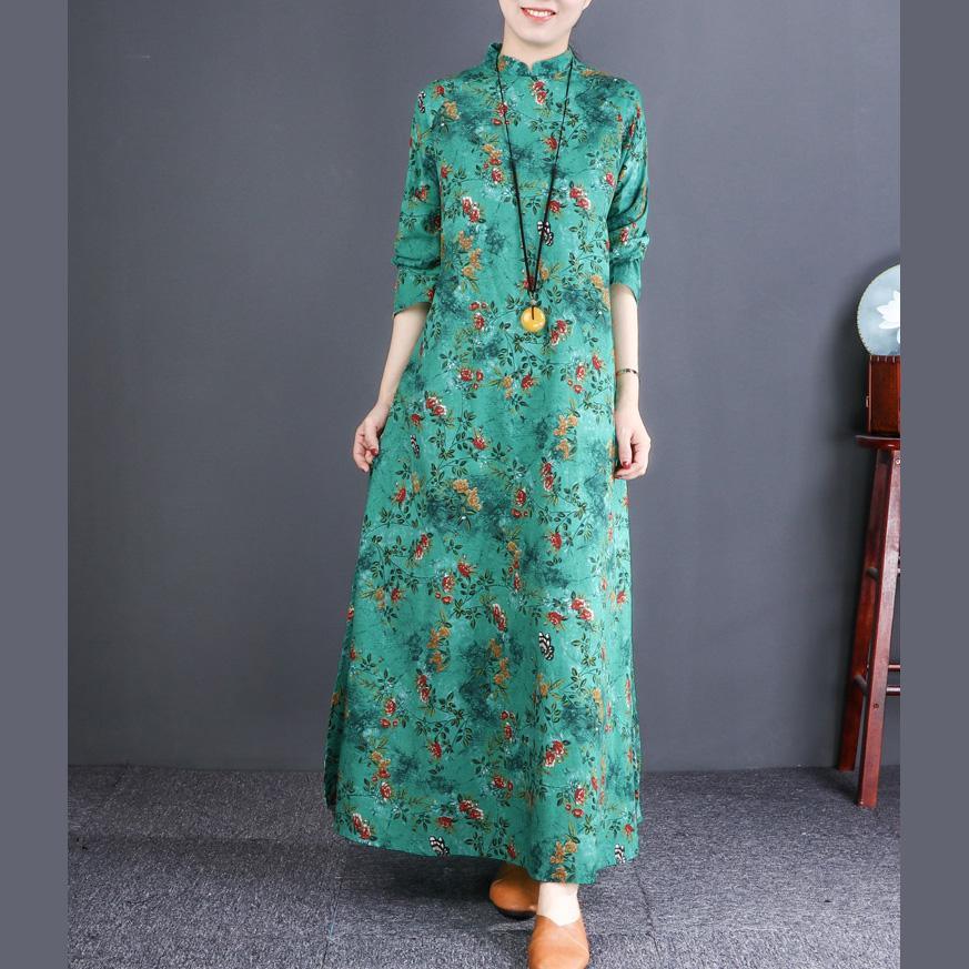 Bohemian stand collar cotton quilting clothes plus size Catwalk green floral loose Dress - Omychic