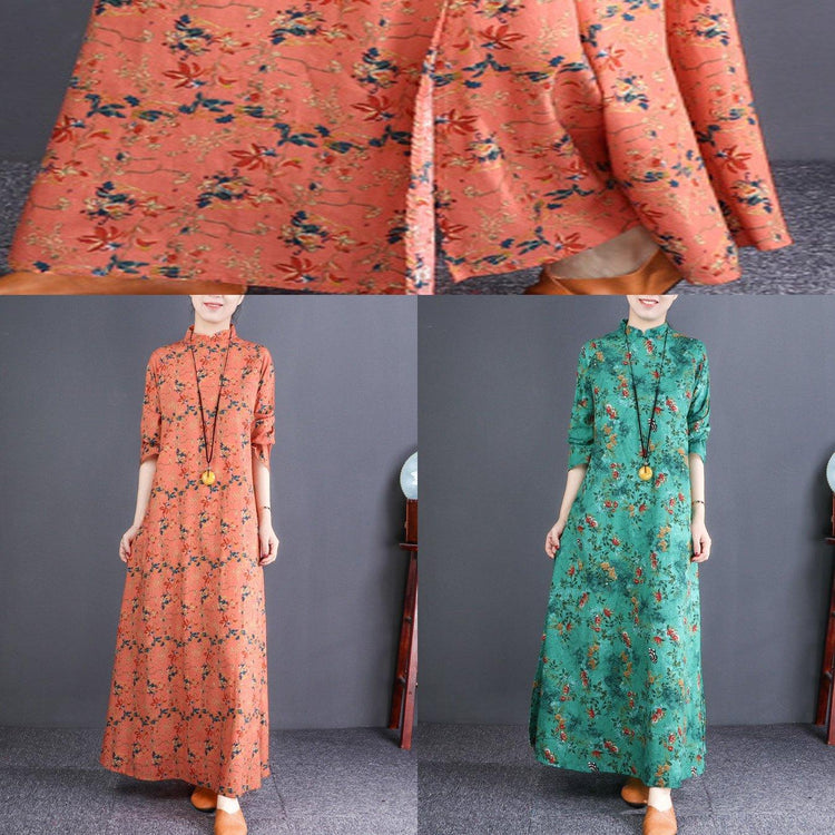 Bohemian stand collar cotton quilting clothes plus size Catwalk green floral loose Dress - Omychic
