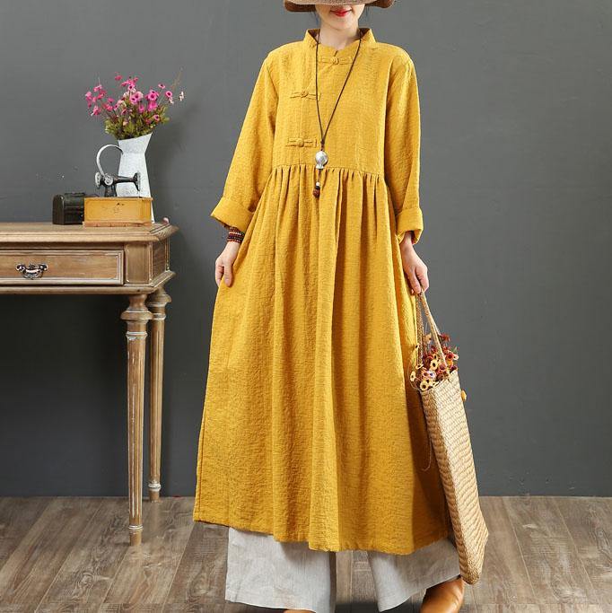 Bohemian Stand Collar Linen Robes Shirts Yellow Dresses Fall  ( Limited Stock) - Omychic