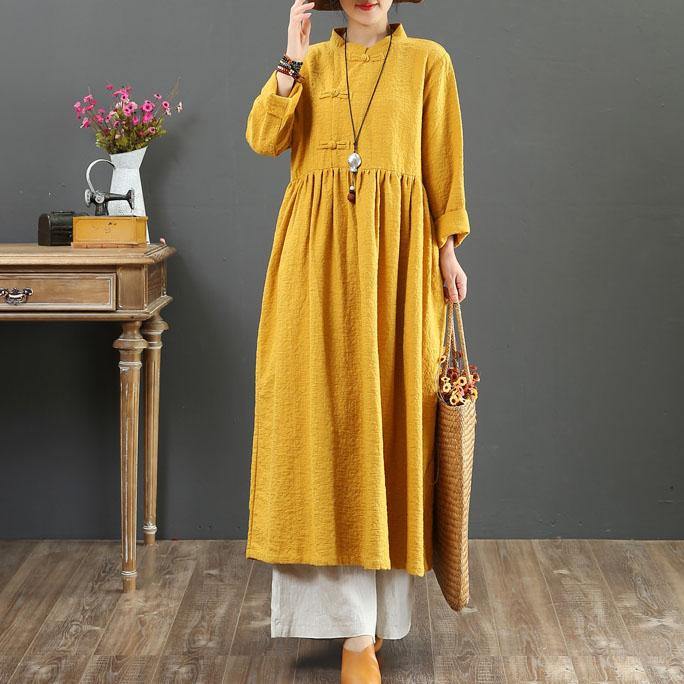 Bohemian Stand Collar Linen Robes Shirts Yellow Dresses Fall  ( Limited Stock) - Omychic