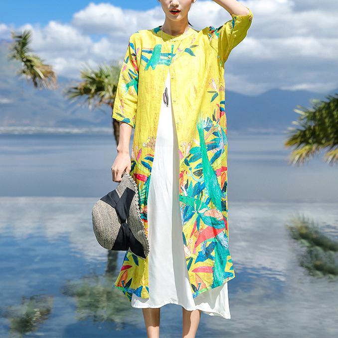 Bohemian Stand Collar Chiffon Clothes Plus Size Tutorials Yellow Print Plus Size Dress Summer - Omychic