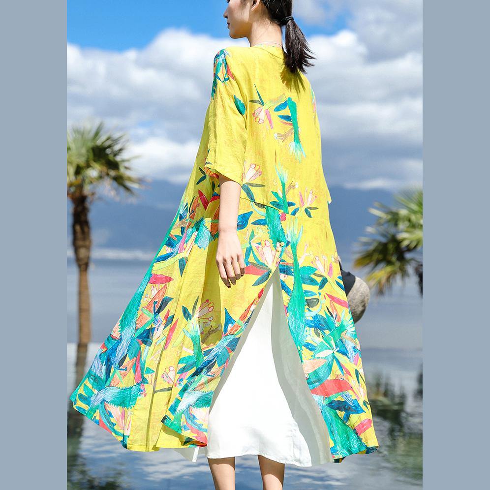 Bohemian Stand Collar Chiffon Clothes Plus Size Tutorials Yellow Print Plus Size Dress Summer - Omychic