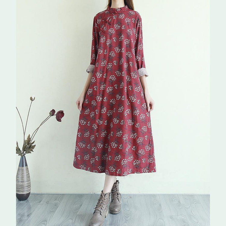 Bohemian stand collar linen long sleeve Work burgundy Dresses - Omychic