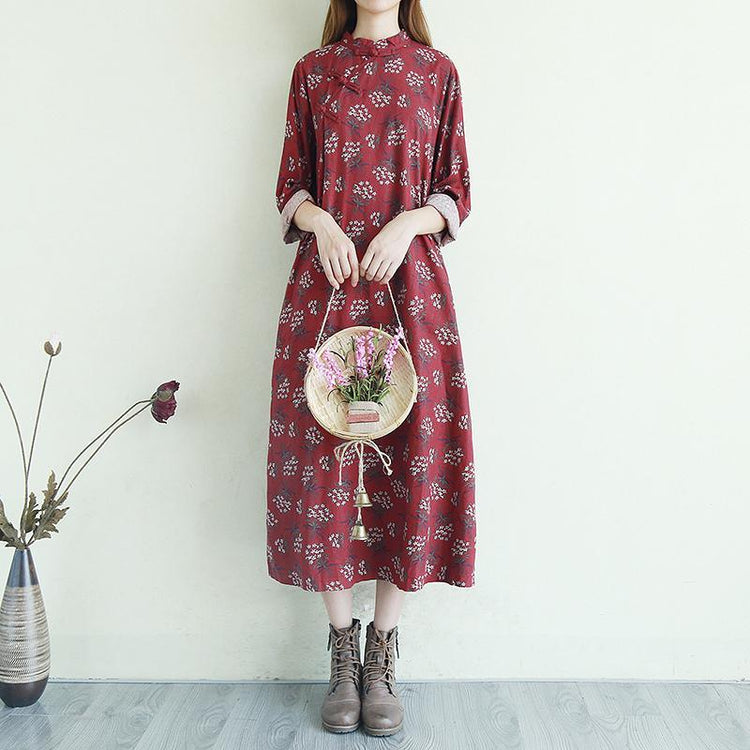 Bohemian stand collar linen long sleeve Work burgundy Dresses - Omychic
