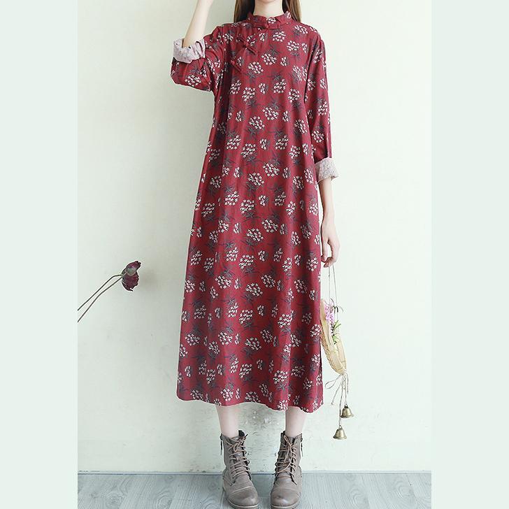 Bohemian stand collar linen long sleeve Work burgundy Dresses - Omychic