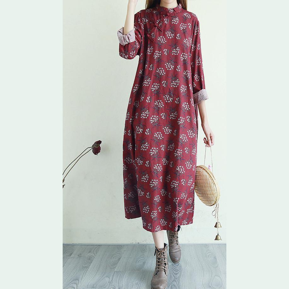 Bohemian stand collar linen long sleeve Work burgundy Dresses - Omychic