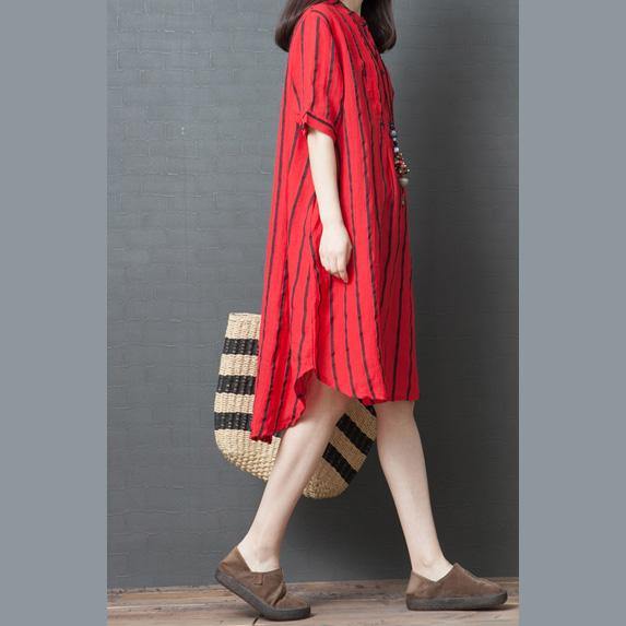 Bohemian stand collar pockets linen clothes For Women Wardrobes red striped Dresses summer - Omychic