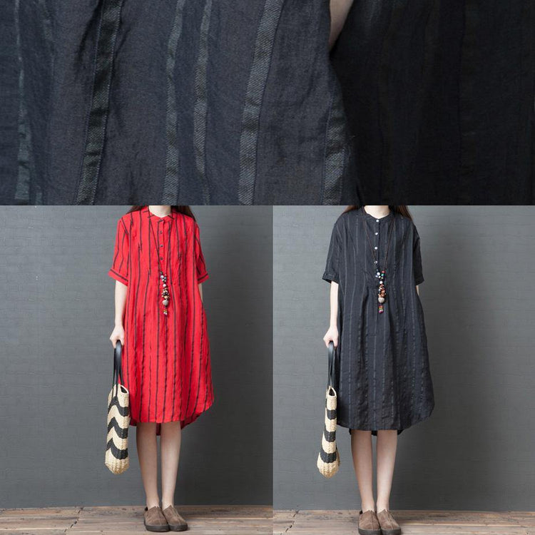 Bohemian stand collar pockets linen clothes For Women Wardrobes red striped Dresses summer - Omychic