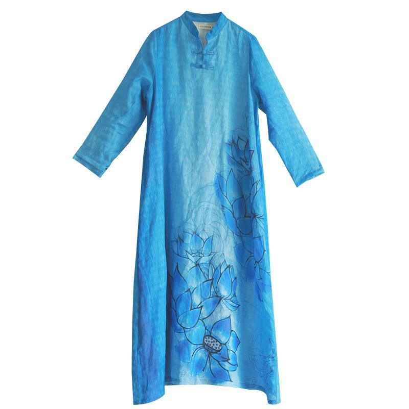 Bohemian tie waist linen Long Shirts Tutorials blue prints Dresses fall - Omychic