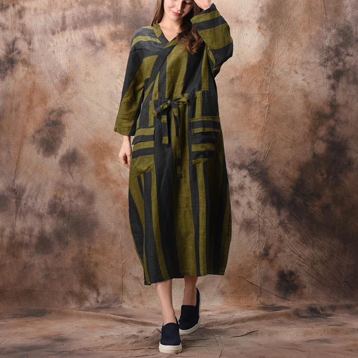 Bohemian v neck asymmetric pockets cotton Wardrobes Women Fashion Ideas green striped cotton Dresses spring - Omychic