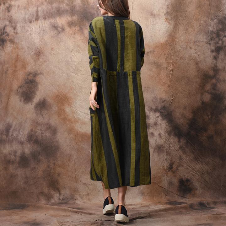 Bohemian v neck asymmetric pockets cotton Wardrobes Women Fashion Ideas green striped cotton Dresses spring - Omychic