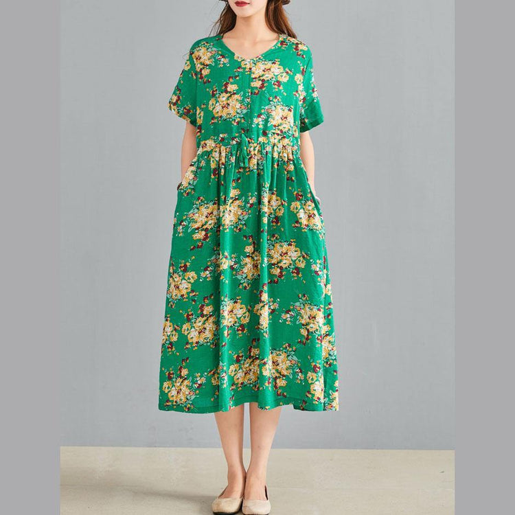 Bohemian v neck drawstring linen cotton Tunic Neckline green print Dress summer - Omychic
