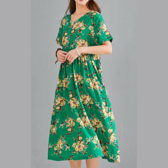Bohemian v neck drawstring linen cotton Tunic Neckline green print Dress summer - Omychic