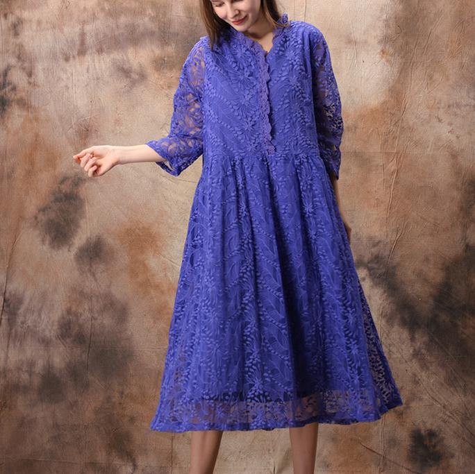 Bohemian v neck false two pieces lace top Fun Shirts blue loose Dress Summer - Omychic