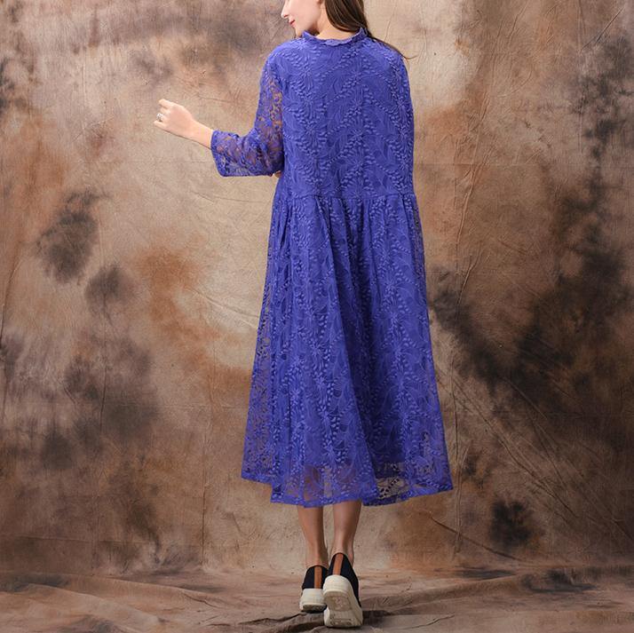 Bohemian v neck false two pieces lace top Fun Shirts blue loose Dress Summer - Omychic