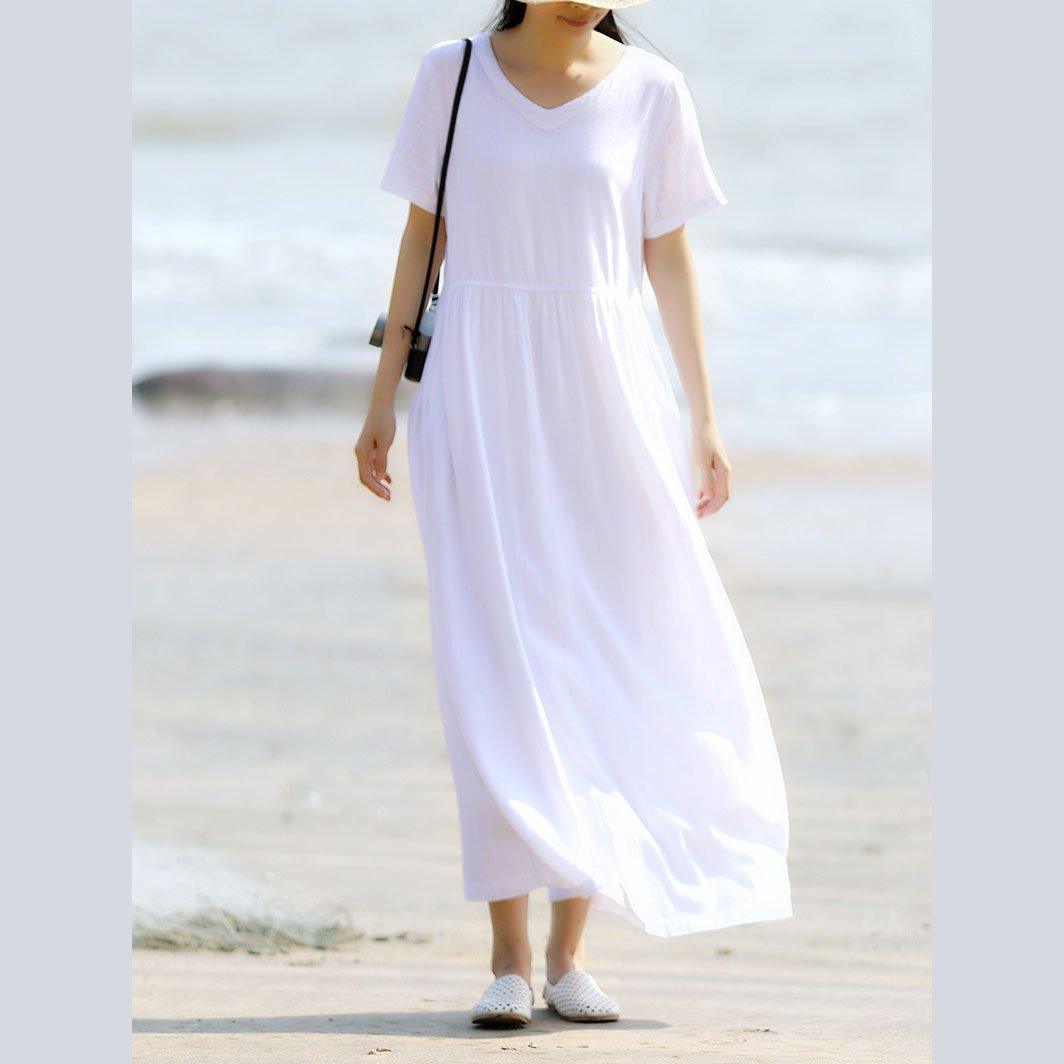 Bohemian v neck linen dress Catwalk white Dress summer - Omychic