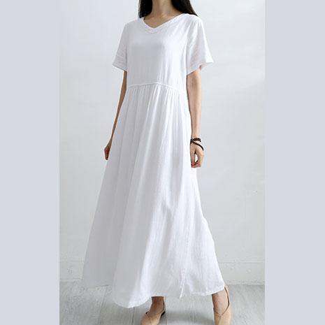 Bohemian v neck linen dress Catwalk white Dress summer - Omychic
