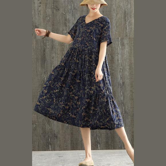Bohemian v neck patchwork linen dress Neckline navy print Dress summer - Omychic