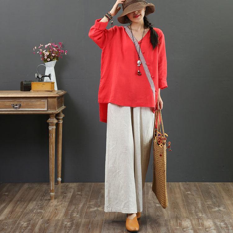 Bohemian v neck side open linen shirts women Outfits red top fall - Omychic