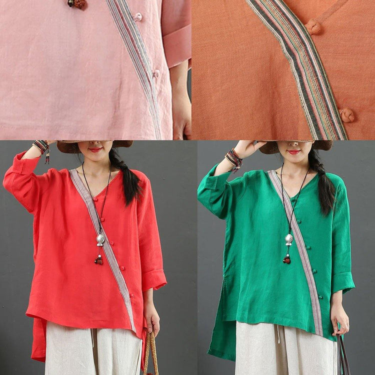 Bohemian v neck side open linen shirts women Outfits red top fall - Omychic