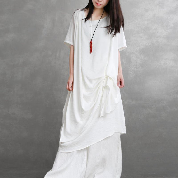 Bohemian white clothes For Women o neck wrinkled pockets summer Dress - Omychic