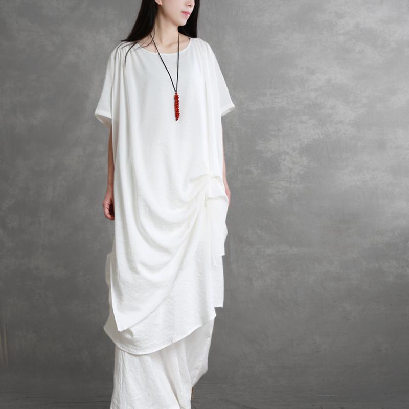 Bohemian white clothes For Women o neck wrinkled pockets summer Dress - Omychic