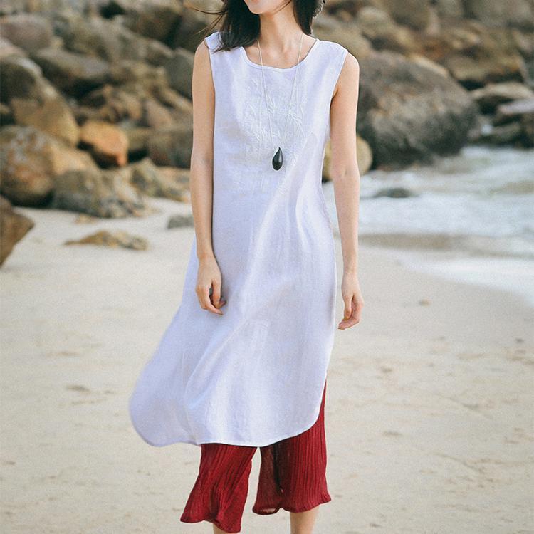 Bohemian white linen dresses Pakistani Runway o neck Sleeveless cotton Summer Dresses - Omychic