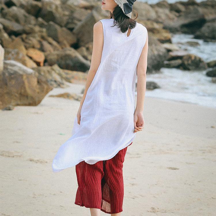 Bohemian white linen dresses Pakistani Runway o neck Sleeveless cotton Summer Dresses - Omychic