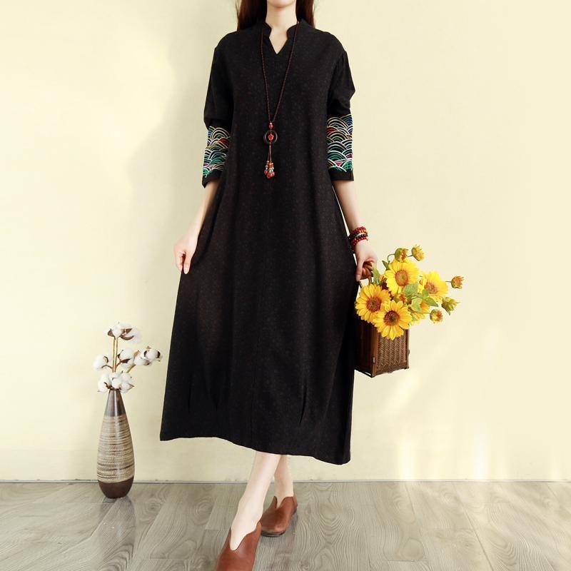 Bohemian wrinkled linen cotton winter dress Catwalk black embroidery Dress - Omychic