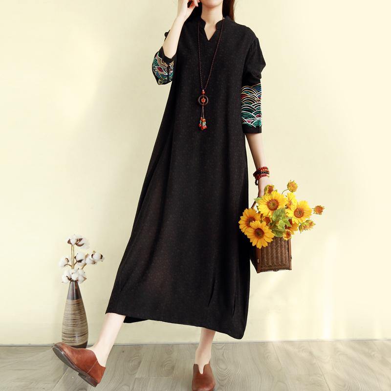 Bohemian wrinkled linen cotton winter dress Catwalk black embroidery Dress - Omychic