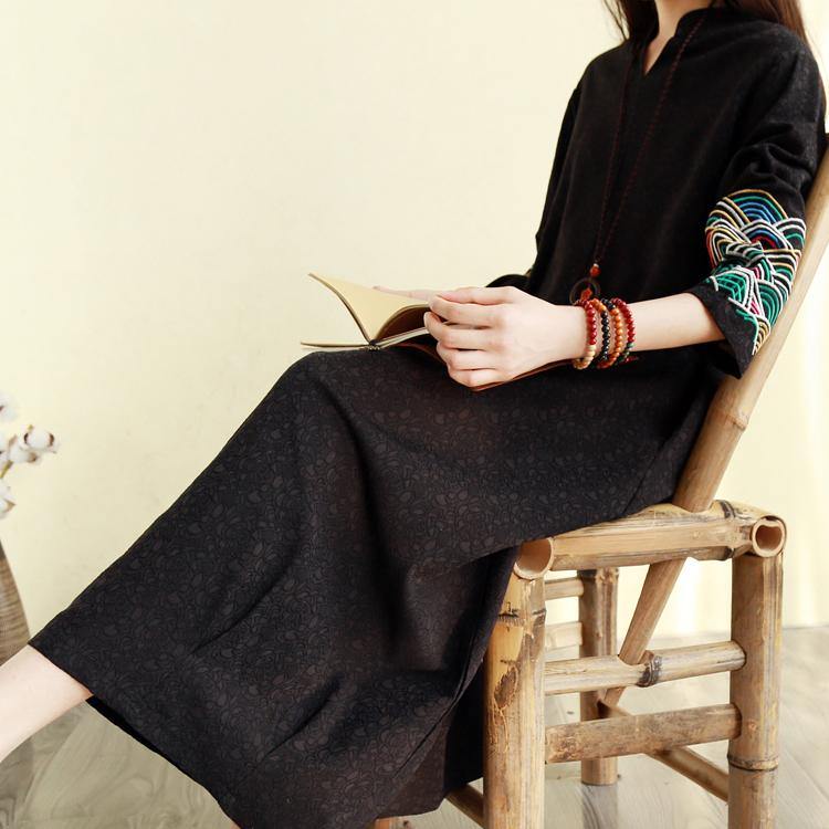 Bohemian wrinkled linen cotton winter dress Catwalk black embroidery Dress - Omychic