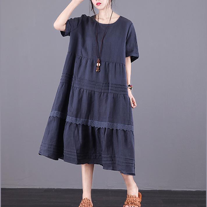 Bohemian wrinkled pockets linen clothes Wardrobes navy Dresses summer - Omychic
