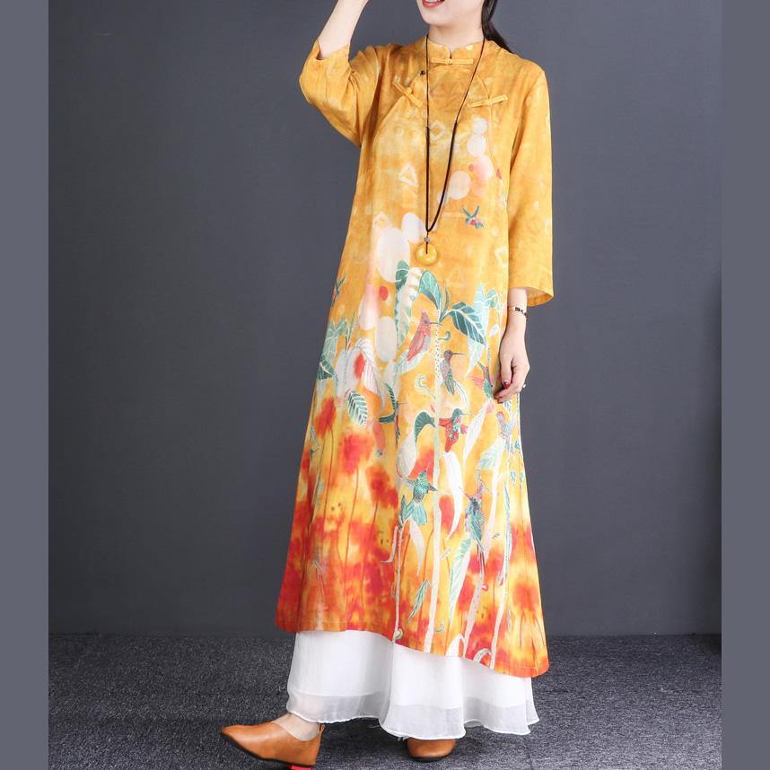 Bohemian yellow print linen clothes Casual Shape stand collar Plus Size Dress - Omychic